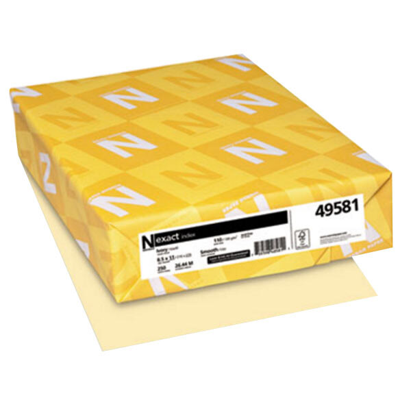A yellow box with white letters reading "Neenah 49581 Exact Index Paper Cardstock"