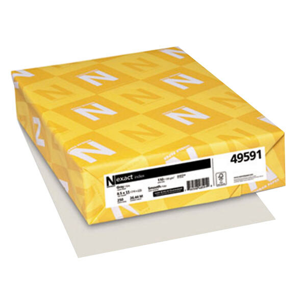 A yellow box with white letters reading "Neenah Exact Index Cardstock" and black letters reading "49591" on it.