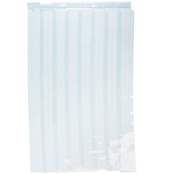 A clear plastic bag with blue stripes on a white background.