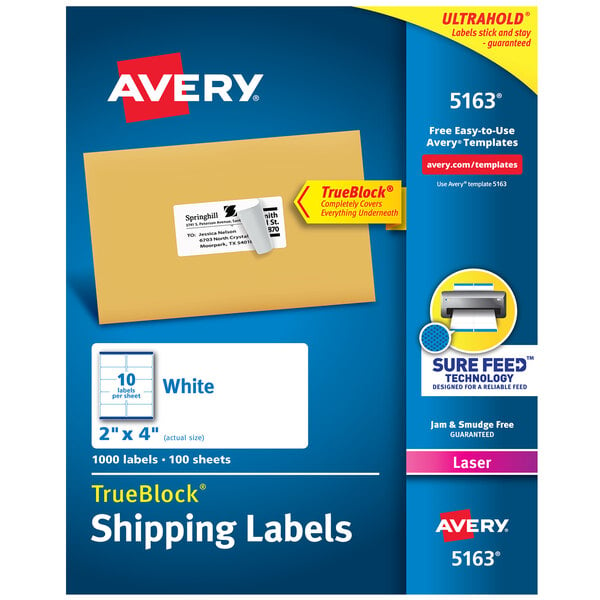 A blue box of Avery 5163 white shipping labels.