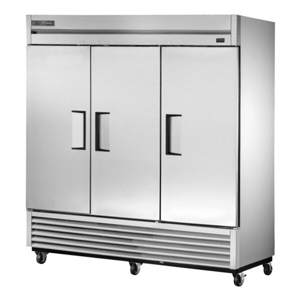 A large silver True T-72F-HC reach-in freezer with two solid doors.