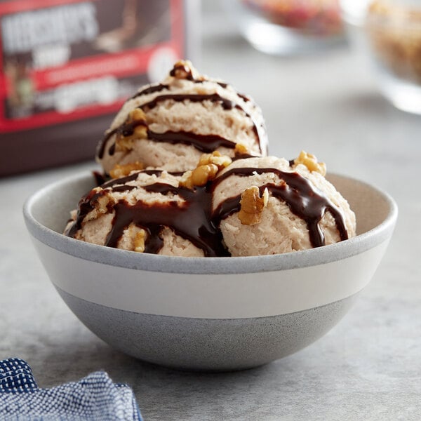 A bowl of ice cream with HERSHEY'S Chocolate syrup.