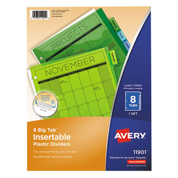 A package of Avery® Big Tab 8-Tab Insertable Multi-Color Plastic Dividers with a blue and green cover and white text.
