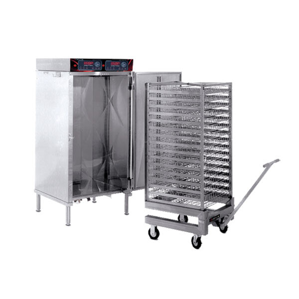 A Cres Cor roll-in oven with a large metal rack on a cart.
