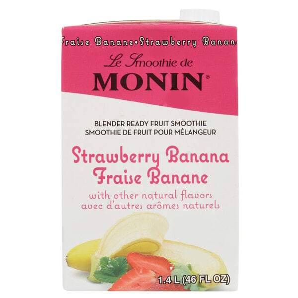 A carton of Monin Strawberry Banana Fruit Smoothie Mix with a close-up of a banana and strawberries.
