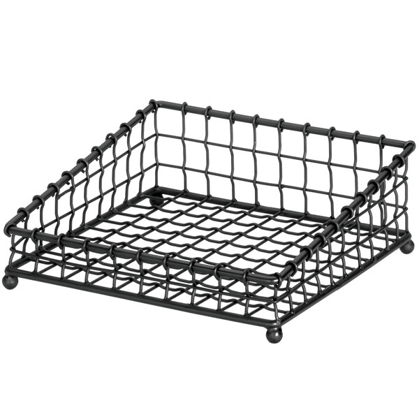 A black wire Tablecraft Grand Master square basket with angled sides and wire handles.