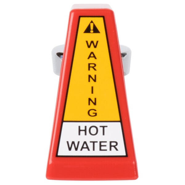 A red and yellow warning sign that says "hot water"
