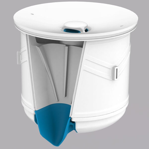 A white and blue plastic container for a Bobrick Falcon waterfree urinal.