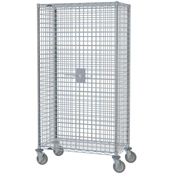 A large metal cage with wheels and a lock.