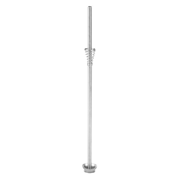 A silver pole with a spiral on it and a black handle.