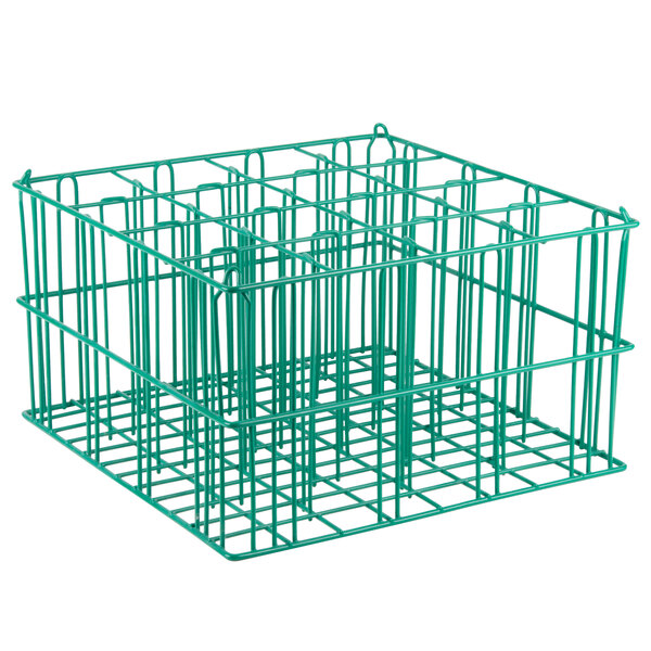 A green Microwire catering basket with 16 compartments.