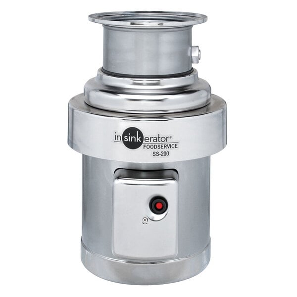 A silver stainless steel InSinkErator food waste disposer with a red button.