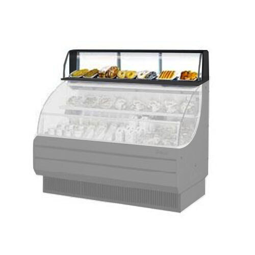 A black Turbo Air top dry display case with food on white shelves.