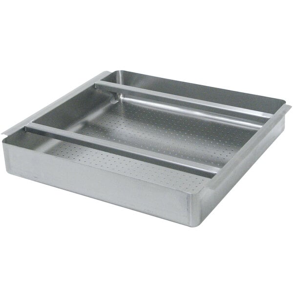 An Advance Tabco stainless steel pre-rinse basket with square edges and holes.