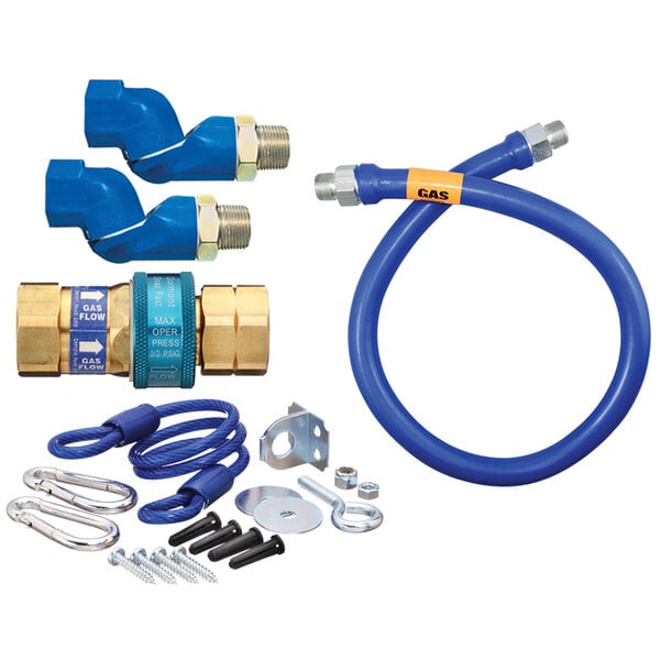 A blue Dormont gas connector hose kit with a coupler and restraining cable.