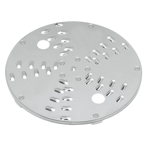 A circular stainless steel Waring grating / shredding disc with holes.
