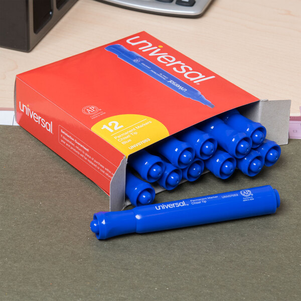 A box of Universal blue chisel tip desk style permanent markers.