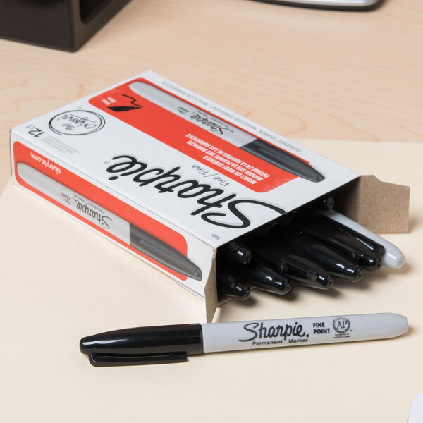 A box of 12 black Sharpie fine point permanent markers.
