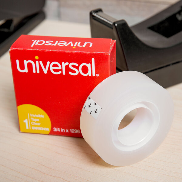 A roll of Universal clear tape on a table next to a red box