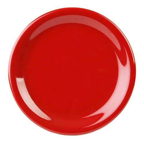 A close-up of a Thunder Group Pure Red Melamine Plate with a narrow rim on a white background.