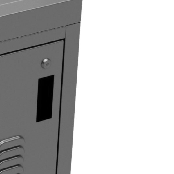 A gray metal locker with a locking handle.