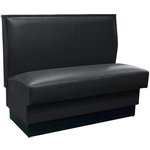 An American Tables & Seating black leather booth with black legs.