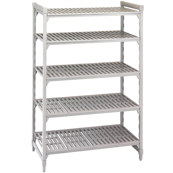 A white metal Cambro Camshelving unit with shelves.