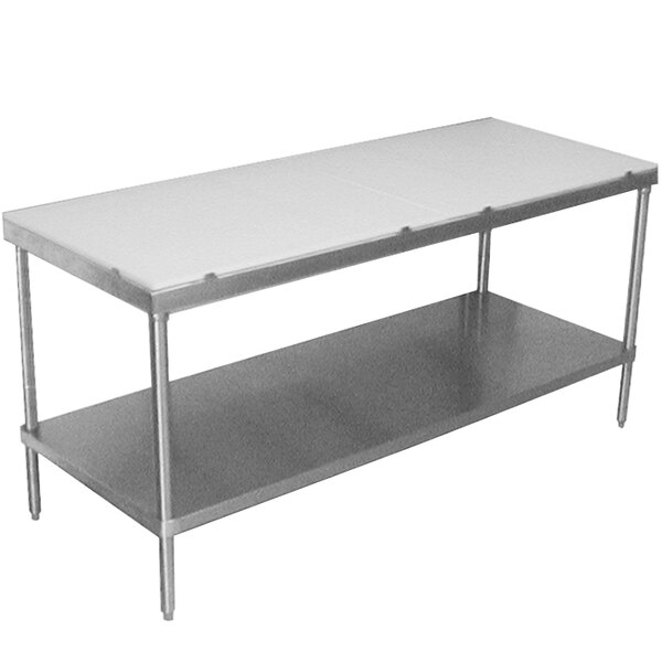 An Advance Tabco poly work table with a white top and undershelf.