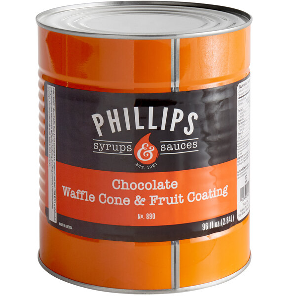 A #10 can of Phillips chocolate ice cream cone dip with a white label.