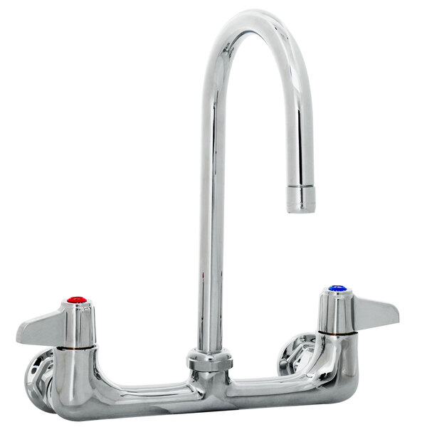 A chrome Equip by T&S wall mount faucet with 5 gooseneck spout and 2 lever handles.