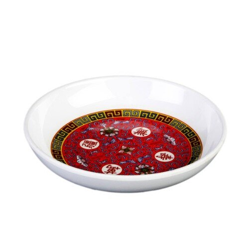 A white bowl with red and black Longevity design.
