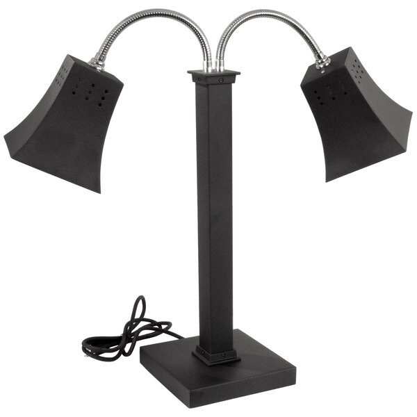 An Eastern Tabletop black steel freestanding heat lamp with double arms and square shades.