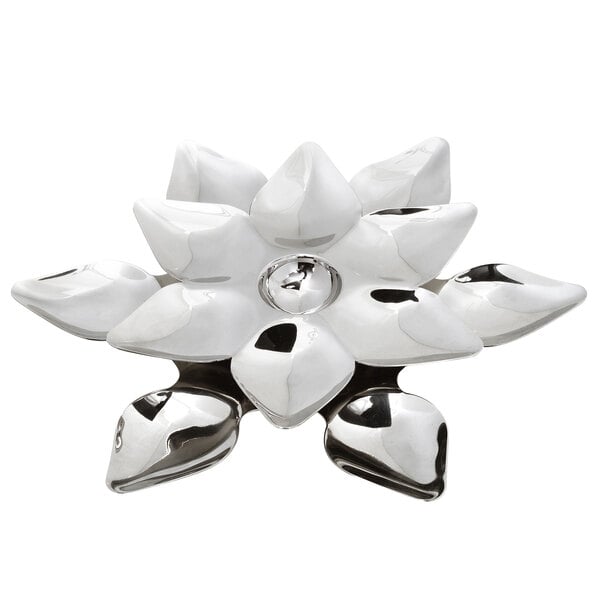 A stainless steel tray with a white and silver flower design.