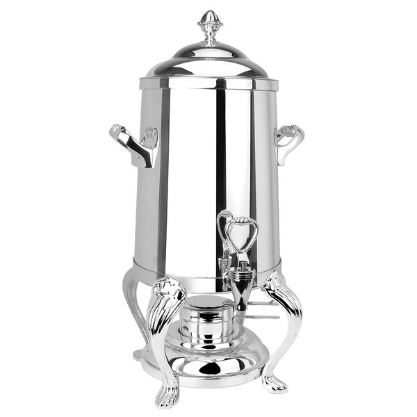 A stainless steel Eastern Tabletop Queen Anne Coffee Urn with two handles and a lid.