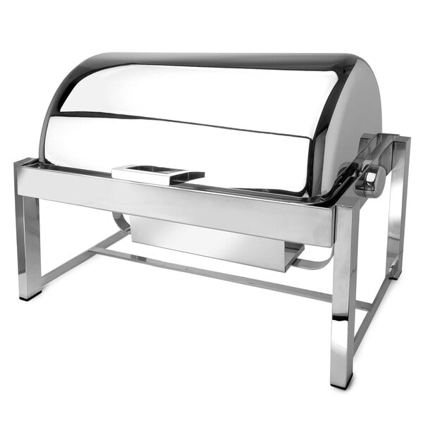An Eastern Tabletop rectangular stainless steel chafer with a lid open.