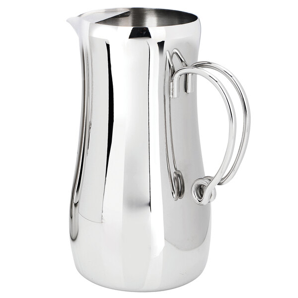 An Eastern Tabletop stainless steel pitcher with a handle.