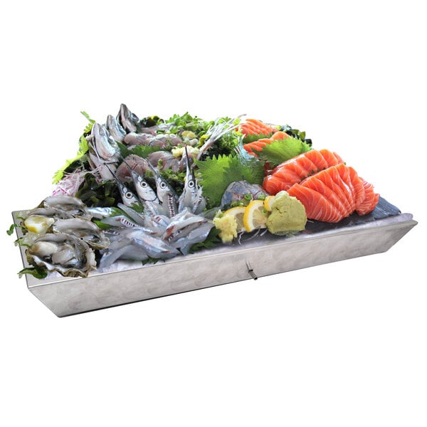 A rectangular stainless steel raw bar tray with a variety of seafood on it.