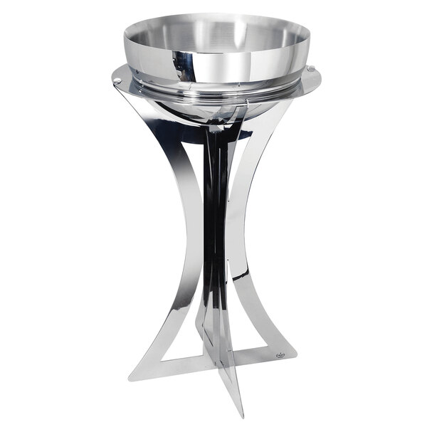 A silver stainless steel bowl on a silver stand.