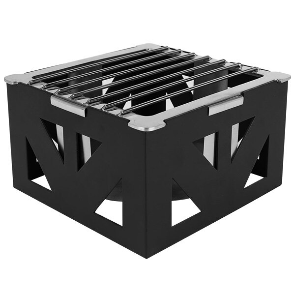 An Eastern Tabletop black steel cube with metal grate.