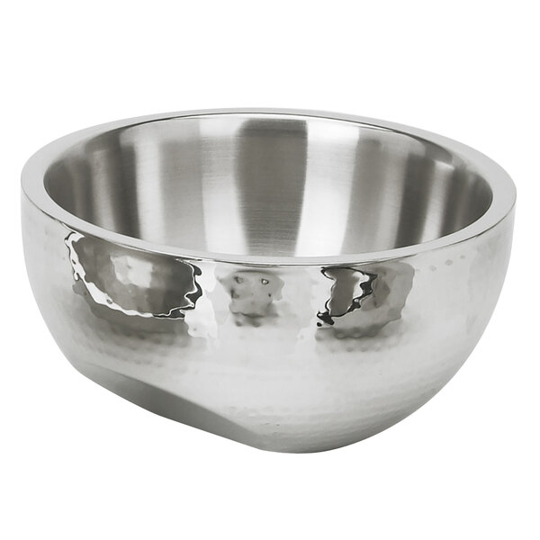 A silver stainless steel Eastern Tabletop insulated bowl with curved edges.