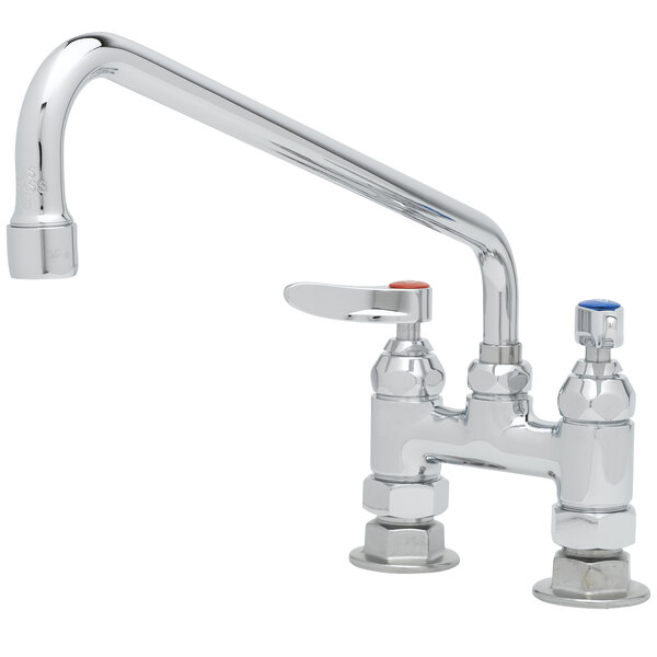 A chrome T&S deck-mounted pantry faucet with two handles.