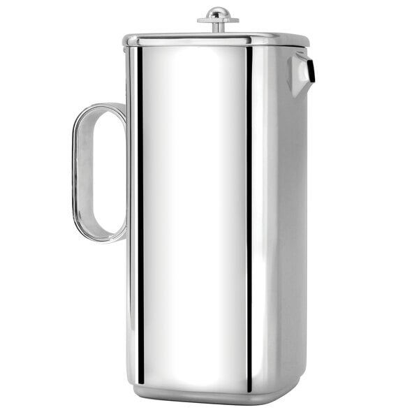A silver stainless steel Eastern Tabletop coffee pot with a lid and handle.