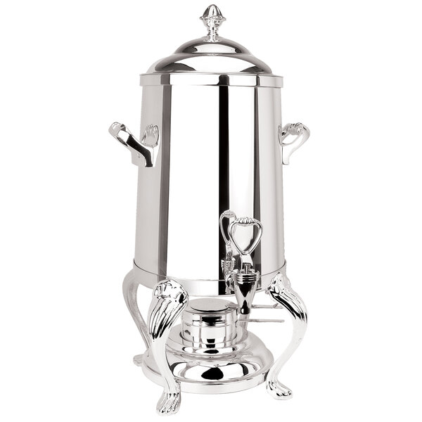 A stainless steel Eastern Tabletop Queen Anne coffee urn with a lid and faucet.