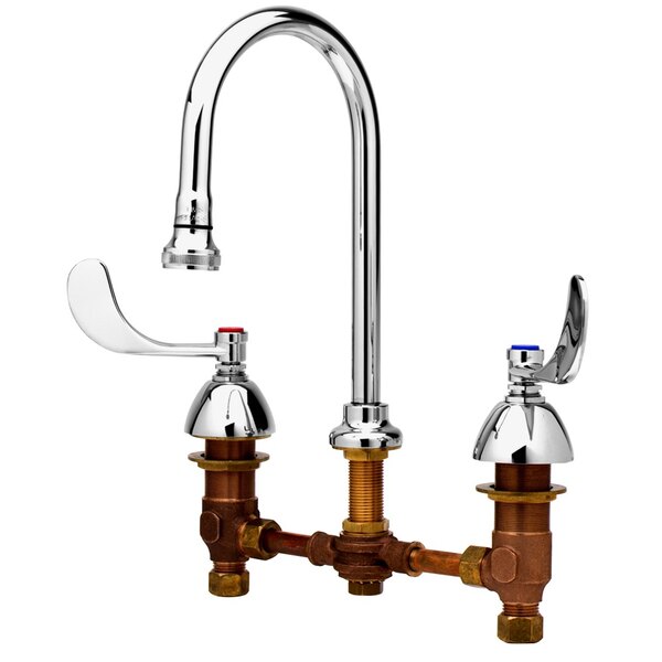 A chrome T&S medical faucet with rosespray and two wrist action handles.