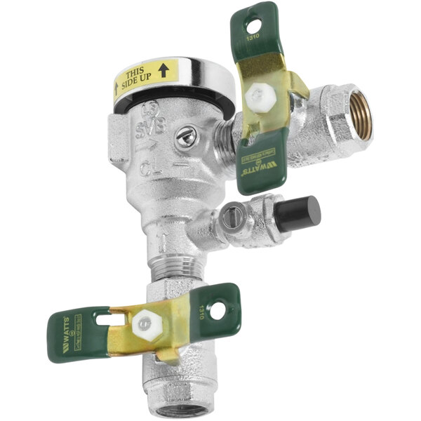 The T&S B-0963 vacuum breaker with metal and green and yellow quarter turn valves.