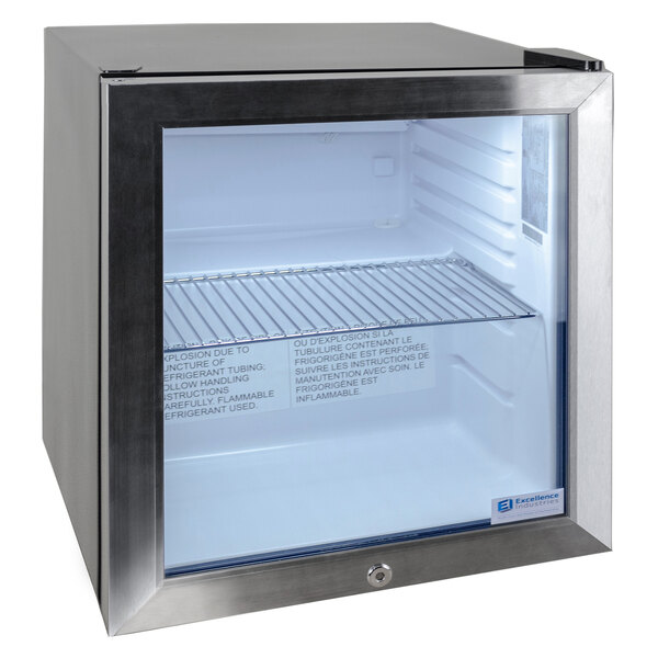 A black countertop refrigerator with a glass door.