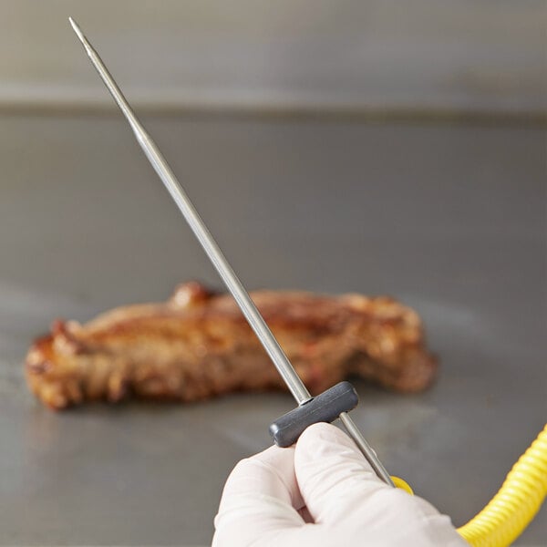 A gloved hand holding a Cooper-Atkins DuraNeedle probe with a metal rod and meat on it.