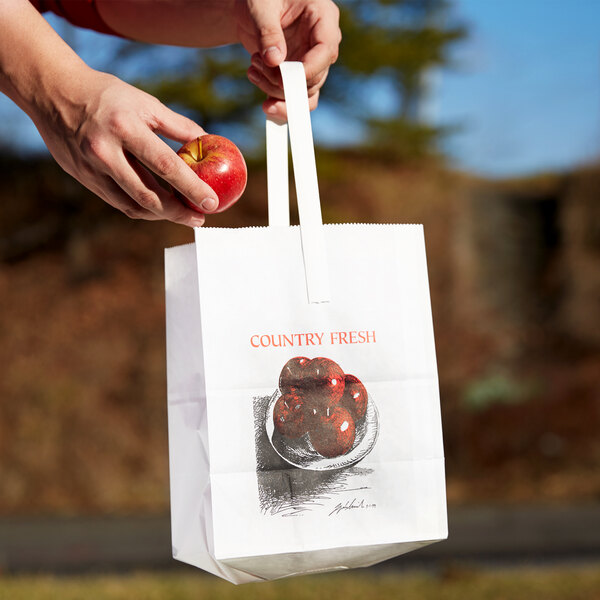 A person holding a "Country Fresh - Junior" paper bag with apples in it.