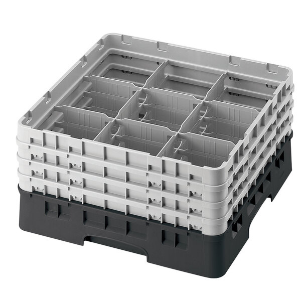 A black plastic Cambro glass rack with 9 compartments.