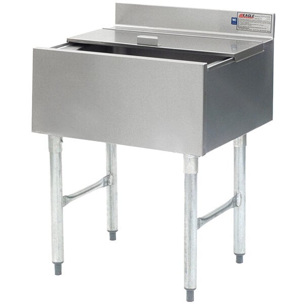 A stainless steel Eagle Group underbar ice chest with a lid.